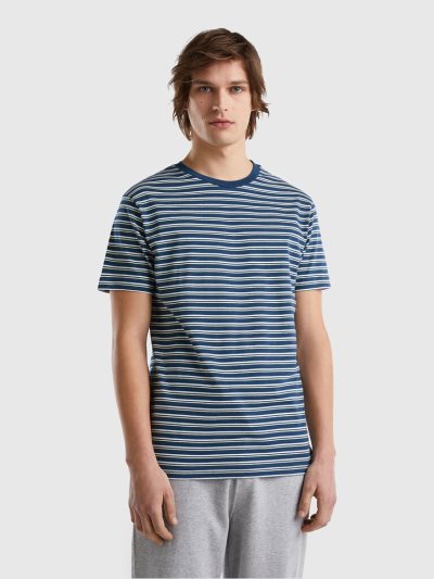 Air Force Blue Men's Benetton Striped 100% Cotton Short Sleeve T-shirts | AU104524