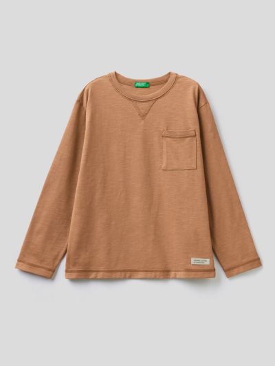 Beige Kids' Benetton Breast Pocket Organic Cotton Long Sleeve T-shirts | AU299494