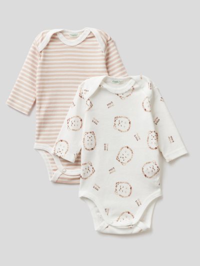 Beige Kids' Benetton Set Of Two 100% Cotton Bodysuits | AU061899