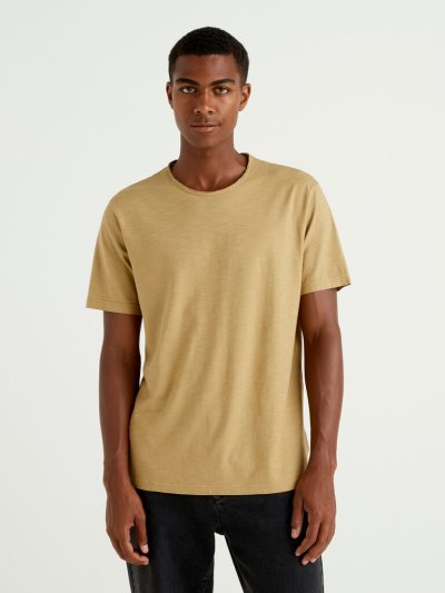 Beige Men's Benetton Slub Cotton Short Sleeve T-shirts | AU019419