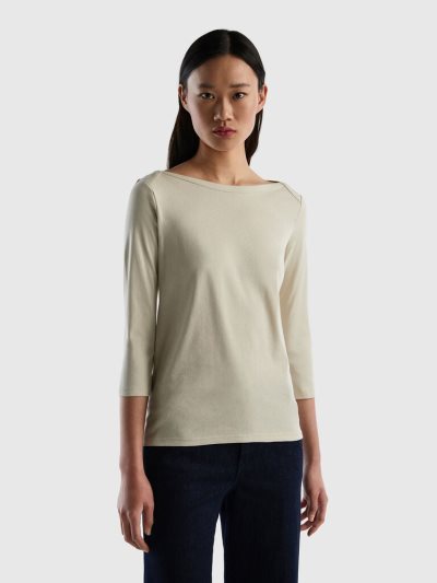 Beige Women's Benetton 100% Cotton Boat Neck Long Sleeve T-shirts | AU018743