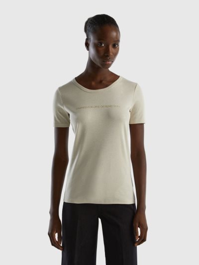 Beige Women's Benetton 100% Cotton Glitter Print Logo Short Sleeve T-shirts | AU176928