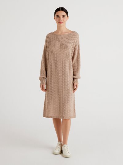 Beige Women's Benetton Cable Knit Midi Dress | AU799955