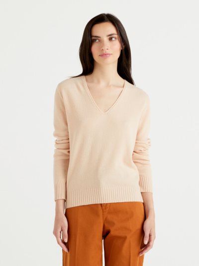 Beige Women's Benetton Cashmere Blend V-neck Sweaters | AU842720