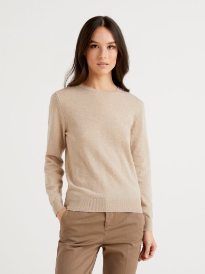 Beige Women's Benetton Crew Neck Pure Merino Wool Sweaters | AU115583