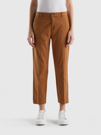 Beige Women's Benetton Cropped Stretch Cotton Chinos | AU214042