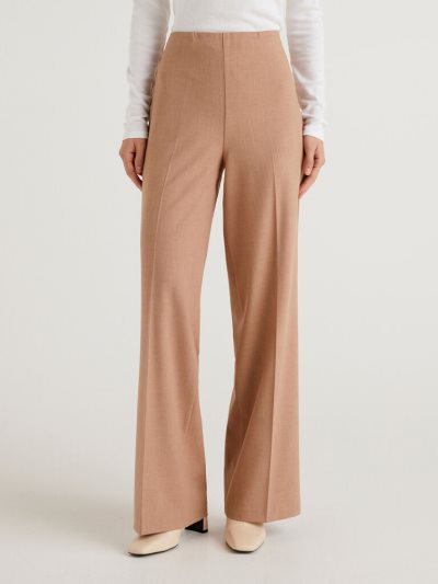 Beige Women's Benetton Flowy High-waisted Trousers | AU867635