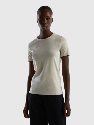 Beige Women's Benetton Long Fiber Cotton Short Sleeve T-shirts | AU823841