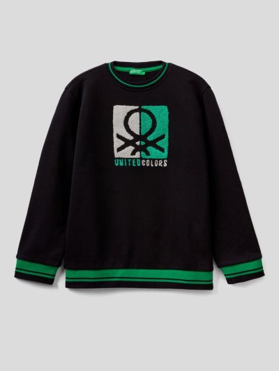 Black Kids' Benetton 100% Cotton Embroidery Sweatshirt | AU040822