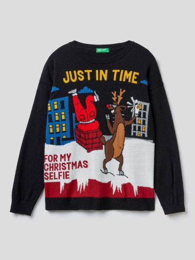 Black Kids' Benetton Christmas Inlay Sweaters | AU373144