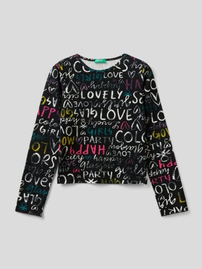 Black Kids' Benetton Patterned Warm Stretch Cotton Long Sleeve T-shirts | AU600104