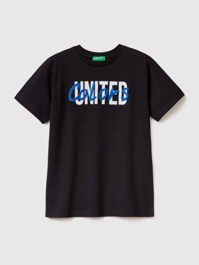 Black Kids' Benetton Print And Embroidery Short Sleeve T-shirts | AU721875