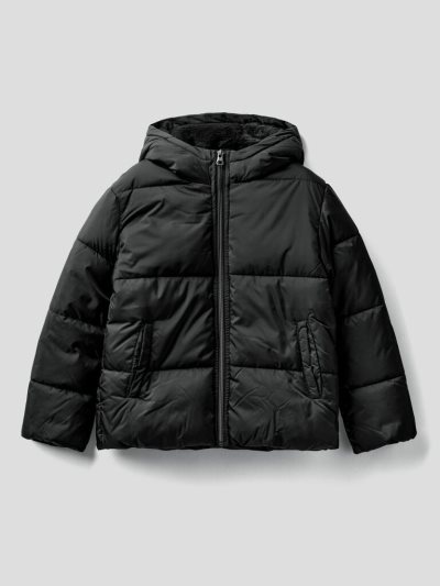 Black Kids' Benetton Rain Defender Hood Padded Jackets | AU959424