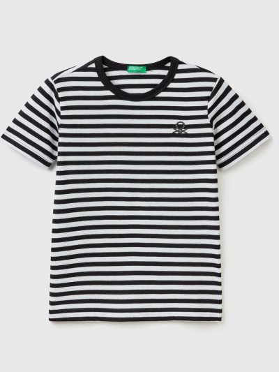 Black Kids' Benetton Striped 100% Cotton Short Sleeve T-shirts | AU717701