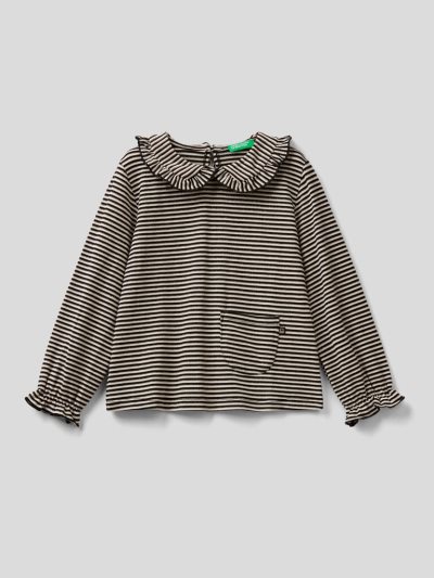 Black Kids' Benetton Striped Collar Long Sleeve T-shirts | AU057030
