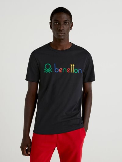 Black Men's Benetton Logo Print Short Sleeve T-shirts | AU663160