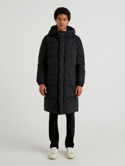 Black Men's Benetton Long Puffer Recycled Feathers Jackets | AU559951