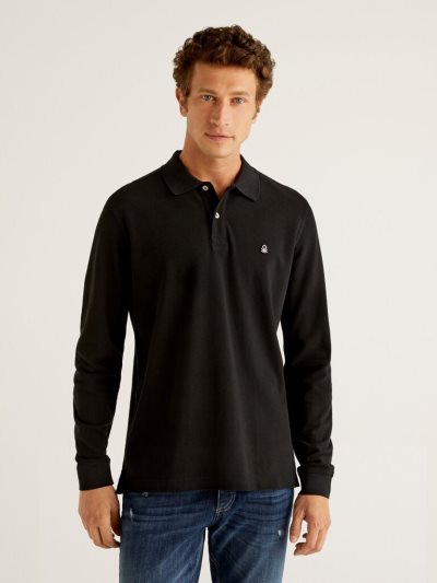 Black Men's Benetton Long Sleeve 100% Cotton Polo Shirts | AU737726