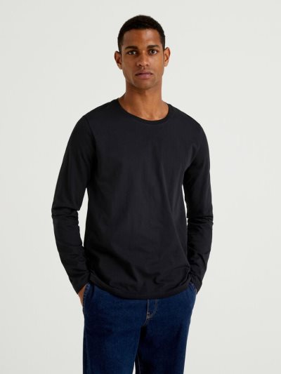 Black Men's Benetton Long Sleeve Pure Cotton T Shirts | AU851107