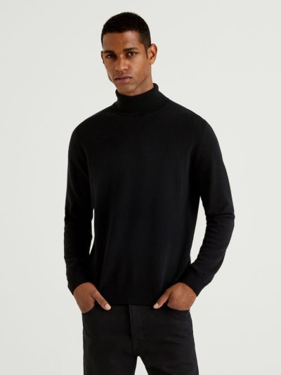 Black Men's Benetton Pure Merino Wool Turtleneck High Neck Sweaters | AU418662