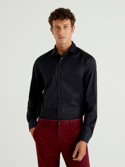 Black Men's Benetton Solid Color Slim Fit Shirts | AU312352
