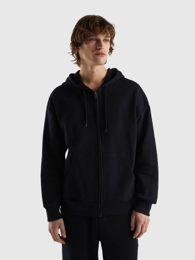 Black Men's Benetton Zip-up Cotton Hoodie | AU413341