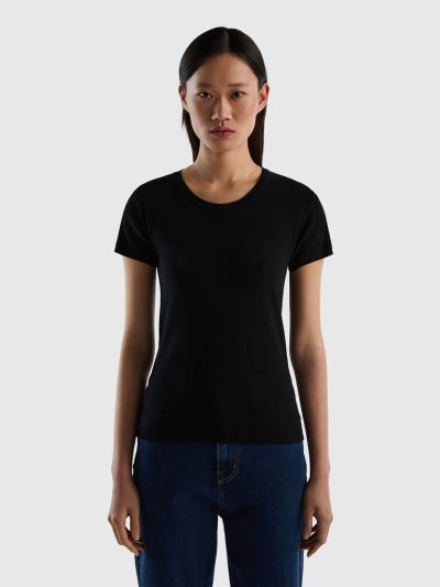 Black Women's Benetton 100% Cotton Short Sleeve Sweaters | AU020545