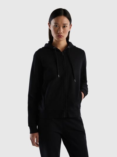 Black Women's Benetton 100% Cotton Zip And Hood Hoodie | AU238193