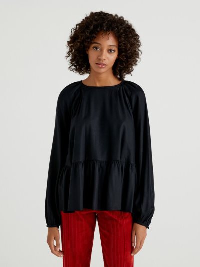 Black Women's Benetton 100% Viscose Frill Blouse | AU383230
