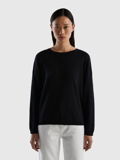 Black Women's Benetton Cotton Round Neck Sweaters | AU358353
