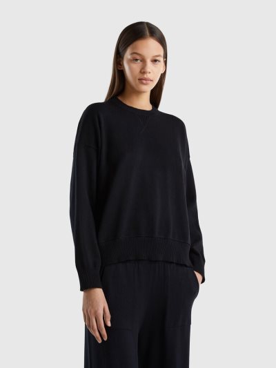 Black Women's Benetton Crew Neck Tricot Cotton Sweaters | AU902741