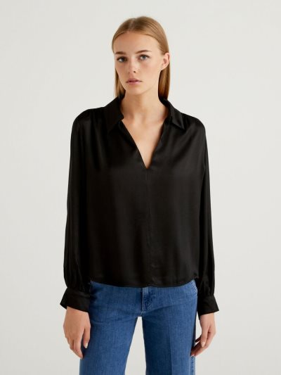 Black Women's Benetton Flared 100% Viscose Blouse | AU454977