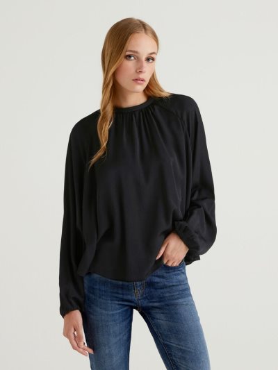 Black Women's Benetton Flared Puff Sleeves Blouse | AU938677