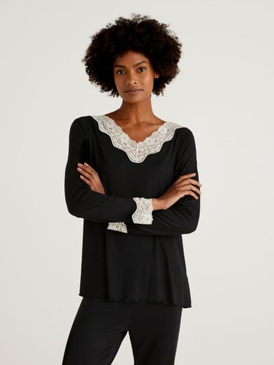 Black Women's Benetton Lace Detail Pyjamas | AU233570