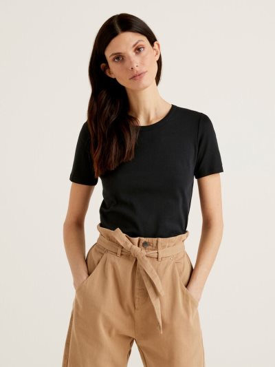 Black Women's Benetton Long Fiber Cotton Short Sleeve T-shirts | AU328636