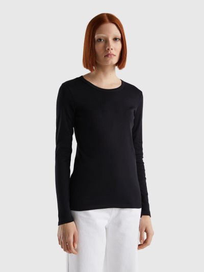 Black Women's Benetton Long Sleeve Pure Cotton T Shirts | AU542132