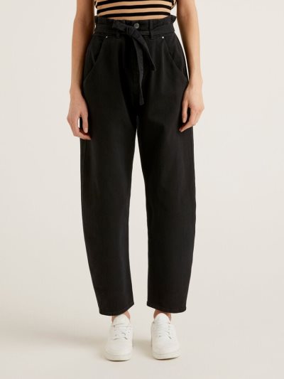 Black Women's Benetton Paperbag 100% Cotton Trousers | AU156401