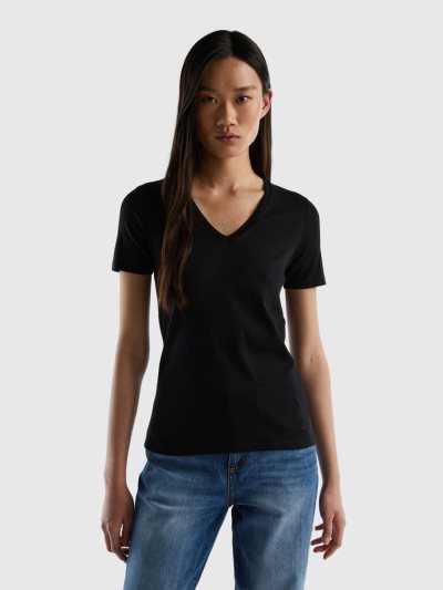 Black Women's Benetton Pure Cotton V-neck Short Sleeve T-shirts | AU289912