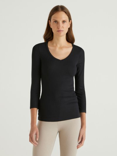 Black Women's Benetton Ribbed V-neck T Shirts | AU744407