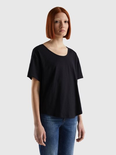 Black Women's Benetton Short Sleeve Lightweight Cotton T Shirts | AU536039