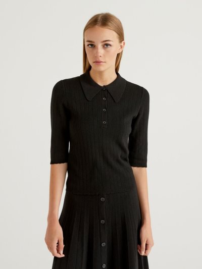 Black Women's Benetton Slim Fit Knit Polo Shirts | AU937501