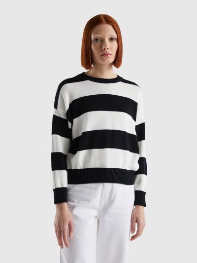 Black Women's Benetton Striped Tricot Cotton Crew Neck Sweaters | AU192248