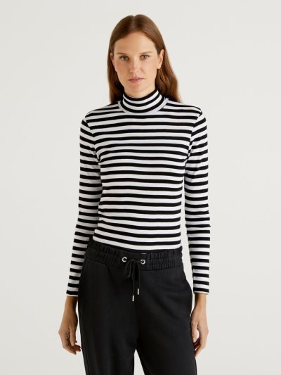Black Women's Benetton Striped Turtleneck Long Sleeve T-shirts | AU239897