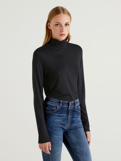 Black Women's Benetton Sustainable Stretch Viscose Turtleneck Long Sleeve T-shirts | AU335799