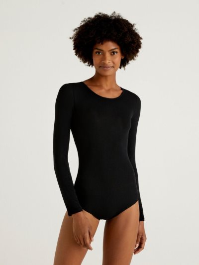 Black Women's Benetton Thin Ribbed Long Sleeve Bodysuits | AU645770