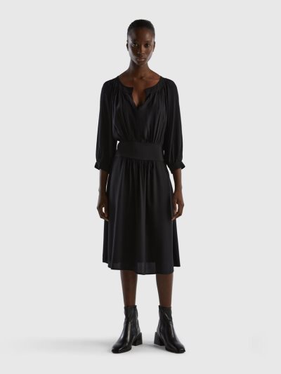 Black Women's Benetton V-neck Pure Viscose Dress | AU319380