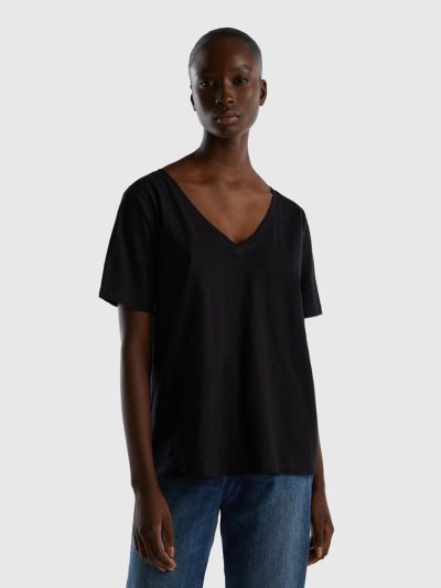 Black Women's Benetton V-neck Slub Cotton Short Sleeve T-shirts | AU387180