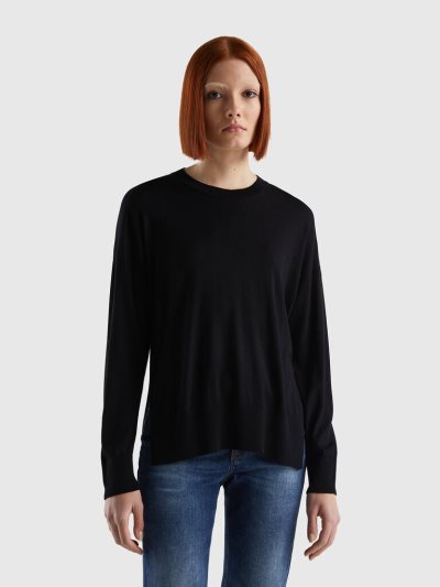 Black Women's Benetton Viscose Blend Slits Crew Neck Sweaters | AU423520