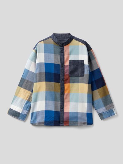 Blue Kids' Benetton Check Mandarin Collar Shirts | AU987669