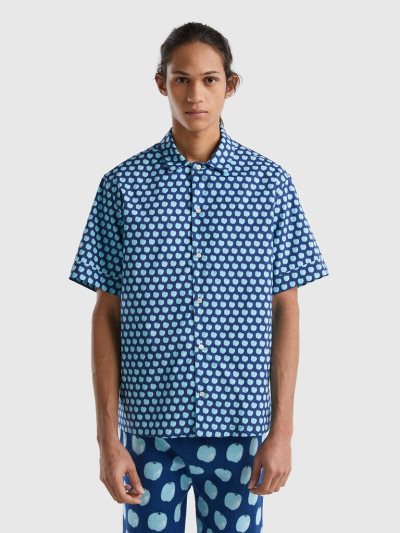 Blue Men's Benetton Apple Pattern Shirts | AU322955